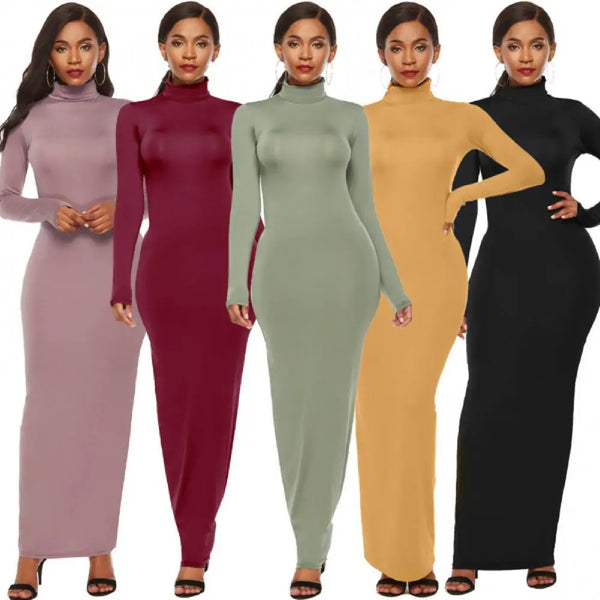 Long Sleeve Turtleneck Bodycon Dress Maxi