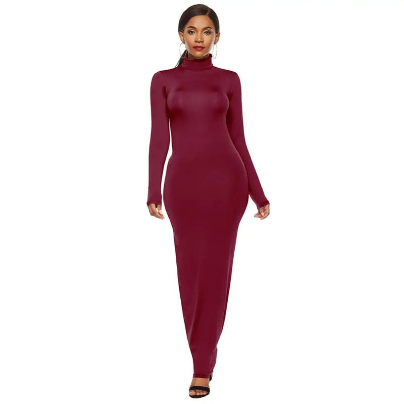 Long Sleeve Turtleneck Bodycon Dress Maxi