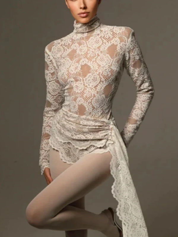 Sexy High Neck Long Sleeve Floral Lace Jumpsuit