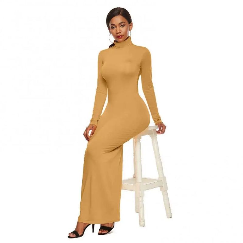 Long Sleeve Turtleneck Bodycon Dress Maxi