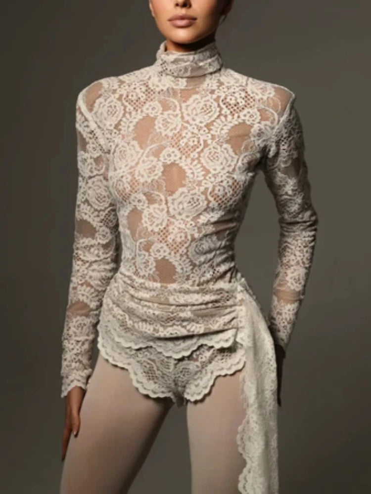 Sexy High Neck Long Sleeve Floral Lace Jumpsuit