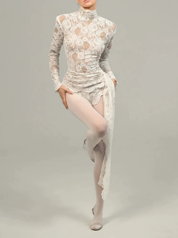 Sexy High Neck Long Sleeve Floral Lace Jumpsuit